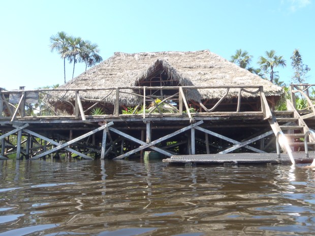 Proof I'm in that water. That's me taking a photo of the Sacha Lodge deck from Lake Pilchicoacha. (Shhh, don't wake the piranha.)